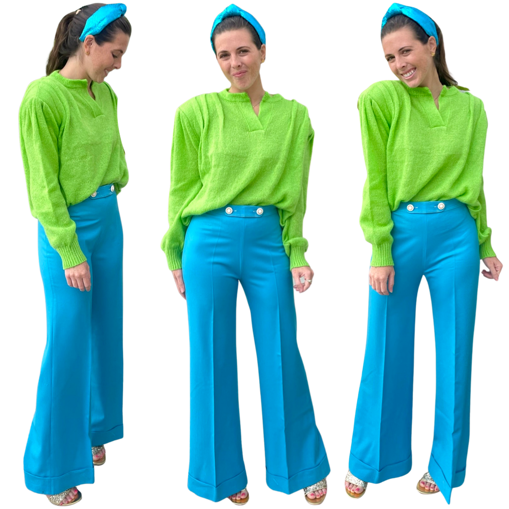 Turquoise High Waisted Wool Turn Up Hem Flared Fiona Pants, Made in ...