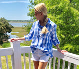 Blue White Buffalo Check Long OR 3/4 Sleeve Top with Lace Up Front & Slightly Frayed Hem