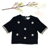 Black Textured 1/2 Sleeve Tweed Top with Fringe Embroidery & Metallic Fringe Sleeve Hem