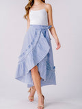 Blue Stripe High Low Maxi Wrap Skirt with Round Ruffle Hem Detail