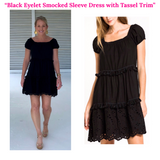 Black Eyelet Smocked Sleeve Dress with Tassel Trim