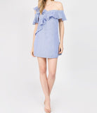 Blue White Stripe One Shoulder Dress with Faux Buttons & Asymmetrical Ruffle Hem