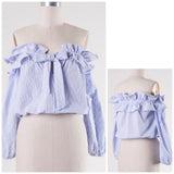 Lightest Lavender Off the Shoulder Ruffle Hem Top with Bow Front & Elastic Waist