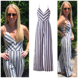Blue White LINEN Blend Nautical Stripe Jumpsuit with Open Sides