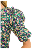 Green Purple Black Tan Floral Puff Sleeve Top with Keyhole Back