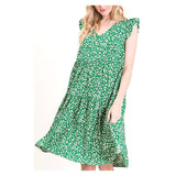 Green Micro Floral Print Drop Tiered Ruffle Hem Flutter Sleeve Dress