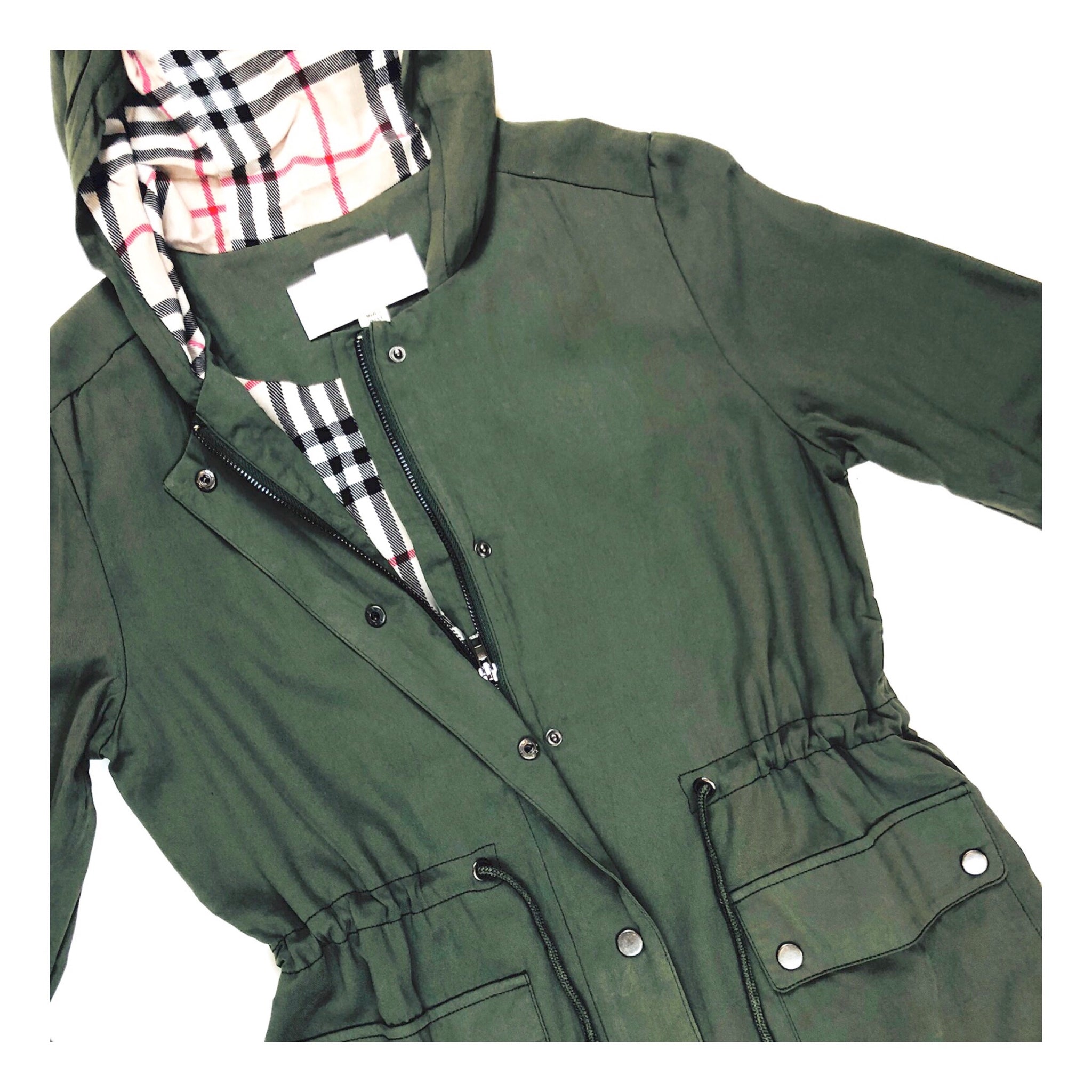 Olive Green Burberry esque Utility Hooded Jacket with Plaid Lining Toggle Waist Cinch James Ascher