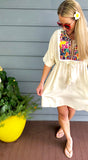 Embroidered Ivory Coverup / Beach Tunic with Tassel Tie & Waist Tie