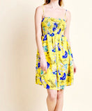 VIBRANT Yellow and Royal Blue Smocked Floral Dress with Spaghetti Straps