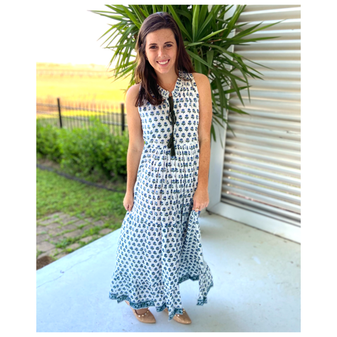 Freesia Block Print Ruffle Maxi Dress with Pockets