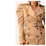 Camel Shirred Puff Sleeve Double Breasted Sophisticated Belted Trench Coat