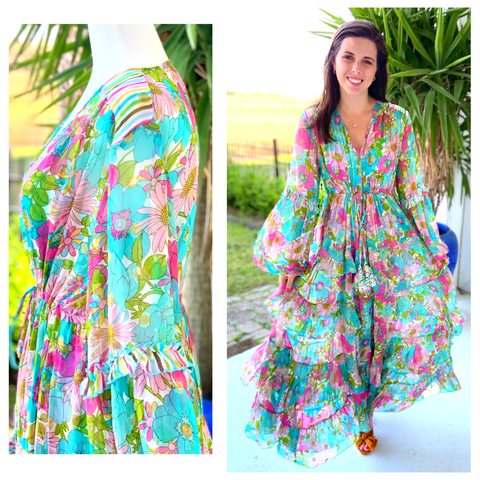 Miss June Metallic Gold & Turquoise Baila Maxi Dress