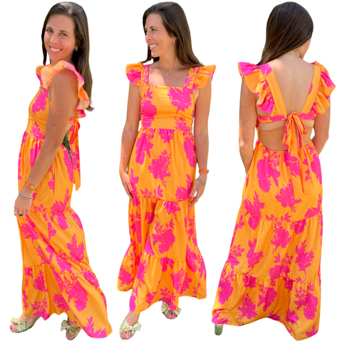 Pink & Tangerine Flutter Sleeve Bow Back Thelma Dress