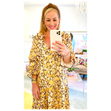 Designer Inspired Mustard & Black Floral Ruffle Trim Puff Sleeve Maxi Dress