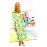 Green & Ivory Leaf Print Button Front Collared Dress