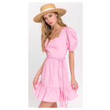 Kelly Green or Pink Puff Sleeve A-Line Ruffle Hem Dress with Braided Belt & Smocked Back