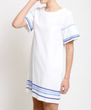 White Short Sleeve Shift Dress with Blue Contrast Ric Rac Hem Trim