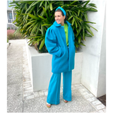 Turquoise High Waisted Wool Turn Up Hem Flared Fiona Pants, Made in Italy