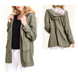 Olive Green Burberry-esque Utility Hooded Jacket with Plaid Lining & Toggle Waist Cinch