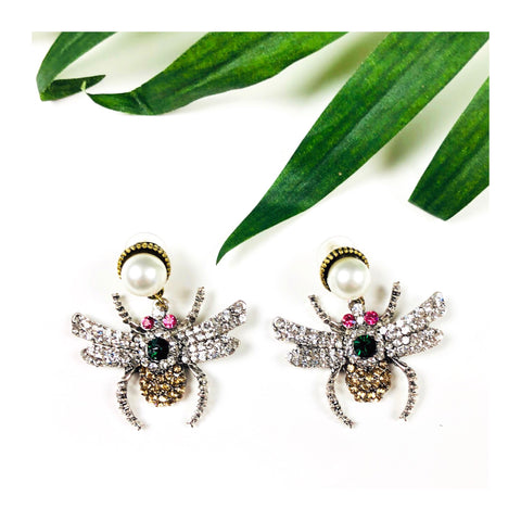 Pearl & Multi Crystal Gemstone Bee Earrings