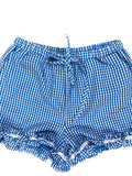 Blue White Gingham Shorts with Ruffle Hem & Drawstring Waist & Pockets