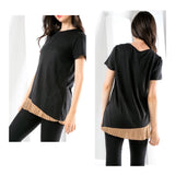 Charcoal Short Sleeve Top with Taupe Asymmetrical Pleated Hem