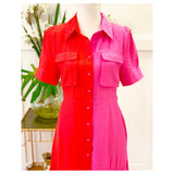 Red & Hot Pink Button Down Short Sleeve Textured Maxi Dress with Tiered Ruffle Hem & Optional Belt