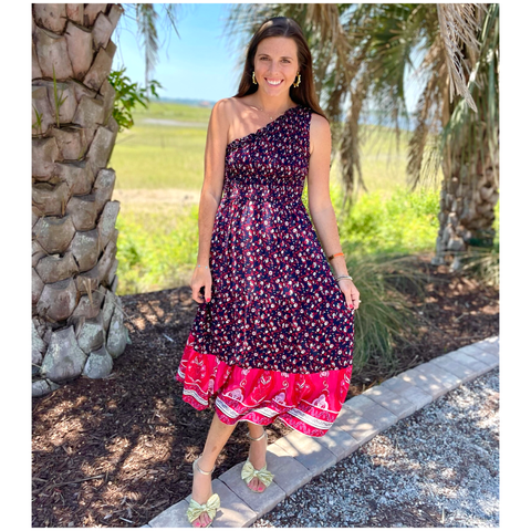 Navy & Fuchsia Smocked One Shoulder Francine Dress