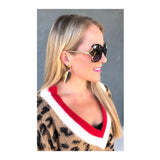 Leopard Brushed Knit Sweater with Red White Varsity Stripe Contrast