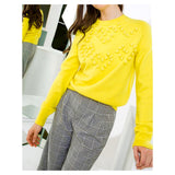 Bright Lemon Yellow Knit Sweater with PomPom HEART Shaped Appliqué Design