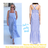 Marine Blue Stripe Shirred Hem Maxi Dress with Crisscross Back & Pockets