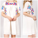 Off White Embroidered Floral Short Sleeve Shift Dress with Pleated Back