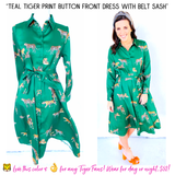 Teal Tiger Print Button Front Dress with Belt Sash