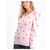 Baby Pink Fine Knit Puff Sleeve Sweater with Red Pom Pom Appliqués