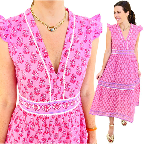 Pink & Lavender Floral Hearts Block Print Cotton Alana Dress