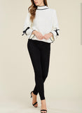 Winter White Chunky Knit Sweater with Black Satin Sleeve Ties