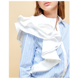 Blue & White Pinstripe Button Down Top with Asymmetrical Ruffle & Pleated Back