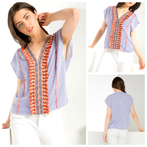 Blue Stripe V-Neck Top with ORANGE FRINGE & Embroidery
