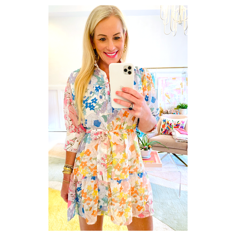 White Pink & Blue Floral Print Dress with Ruffle Hem & Belt Sash