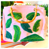 Handmade Beaded Pink Palm Canvas Bag with Bamboo Handle