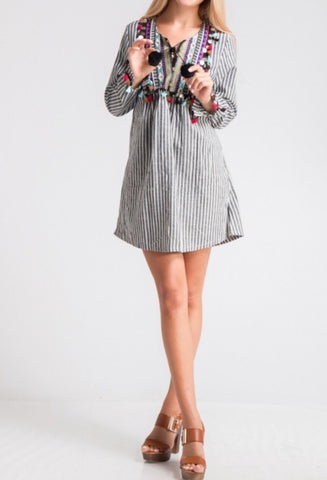 Colorful Tassel Detail Stripe Dress, Black/White Stripe