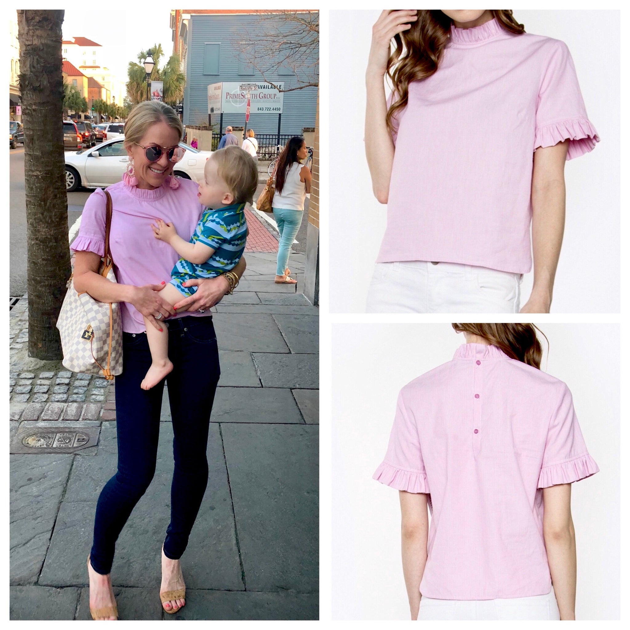 Baby Pink Short Sleeve High Neck Ruffle Top with Button Back