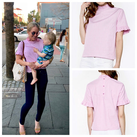 Baby Pink Short Sleeve High Neck Ruffle Top with Button Back Closure