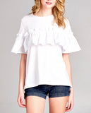 White OR Black ‘Ruffle Smock’ Short Bell Sleeve Semi High Low Top