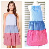 Red White & Blue Gingham Tiered Ruffle Hem Halter Dress with Keyhole Back