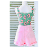 Green & Pink Smocked Floral Ruffle Cami