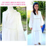 White Lia Linen Dress with Puff Sleeves & Fringe Detail