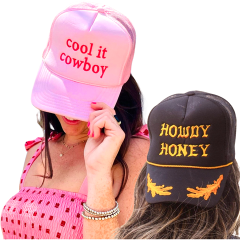 Charlie Embroidered Howdy Honey & Cool It Cowboy Hats