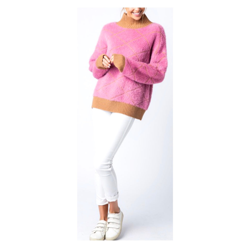 Pink & Camel Fuzzy Knit Mock Neck Slightly Oversized Sweater