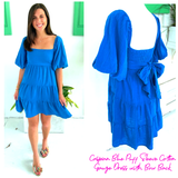 Caspian Blue Puff Sleeve Cotton Gauze Dress with BOW Back